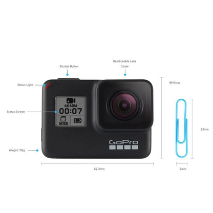 gopro action cameras gopro hero7 black holiday bundle with shorty ,sd card & rechargeable battery - 2 years warranty
