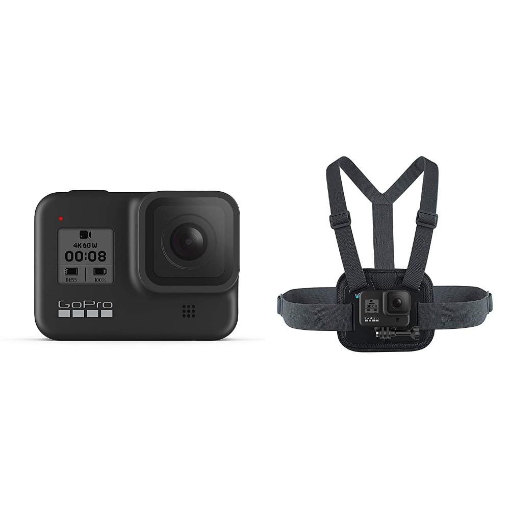 gopro action cameras hero 8 + chesty gopro hero 8 hypersmooth streamlined 4k action camera - black with 2 year warranty 