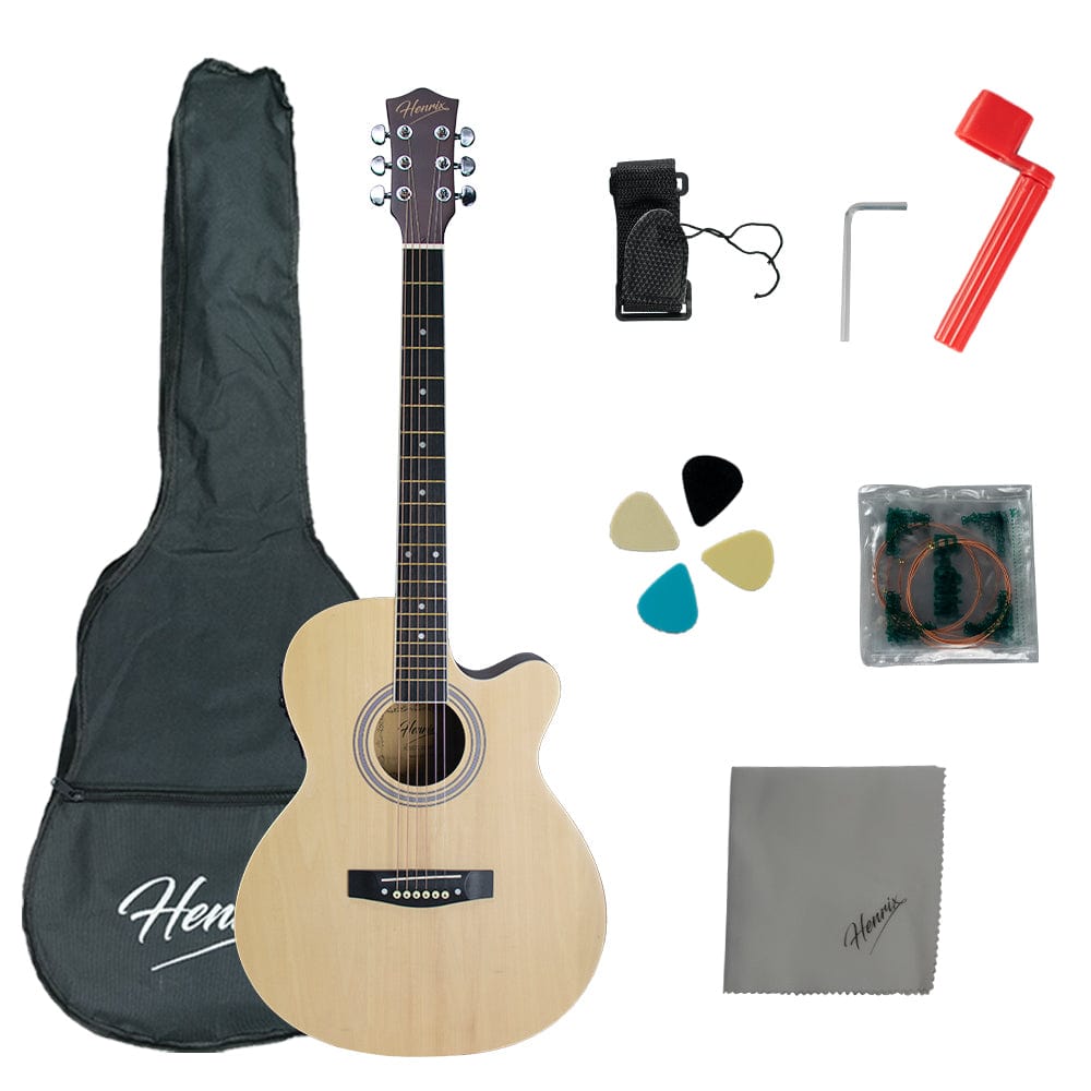 Henrix Acoustic Guitars ElectroAcoustic / Natural Henrix PRO 40C 40-Inch Cutaway Acoustic Guitar with Dual Action Truss Rod, Gigbag, Picks, String Set, Strap, Cloth & Ebook