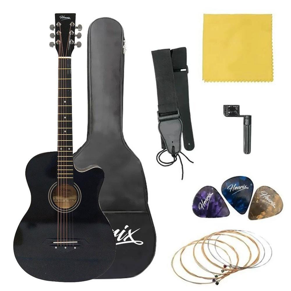 Henrix Acoustic Guitars PRO / Black / Right Handed Henrix 38C 38 Inch Cutaway Acoustic Guitar with Dual Action Truss Rod, Gigbag, Picks, String Set, Strap, Cloth & Ebook