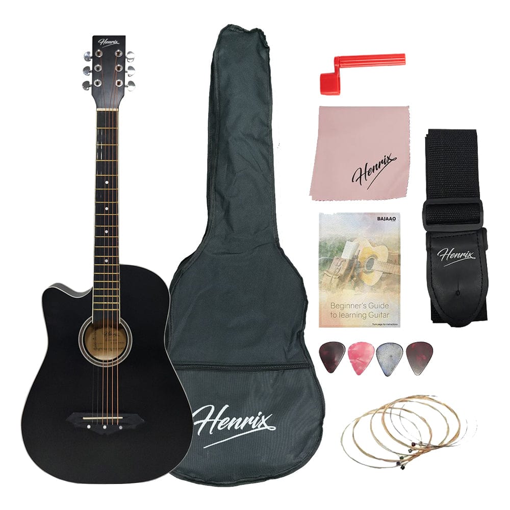 Henrix Acoustic Guitars PRO / Matte Black / Left Handed Henrix 38C 38 Inch Cutaway Acoustic Guitar with Dual Action Truss Rod, Gigbag, Picks, String Set, Strap, Cloth & Ebook