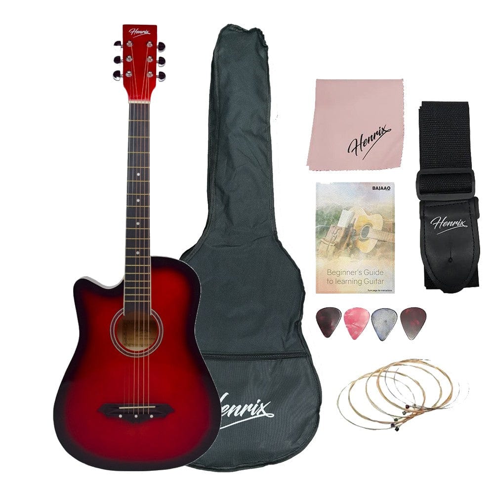 Henrix Acoustic Guitars PRO / Red Burst / Left Handed Henrix 38C 38 Inch Cutaway Acoustic Guitar with Dual Action Truss Rod, Gigbag, Picks, String Set, Strap, Cloth & Ebook