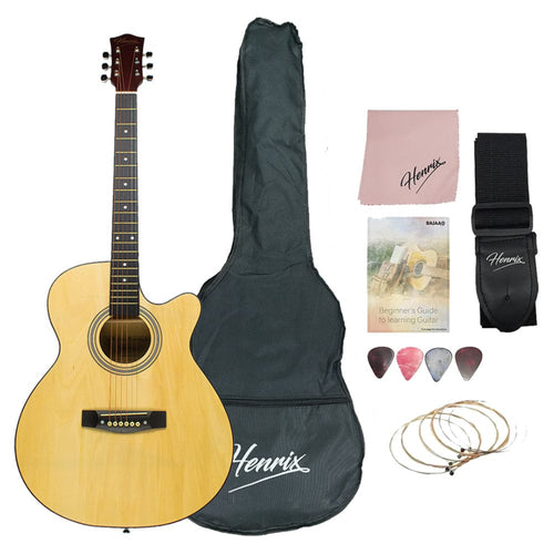 henrix acoustic guitars standard henrix 40c 40-inch cutaway acoustic guitar with dual action truss rod, gigbag, picks, string set, strap, cloth & ebook    #style_standard