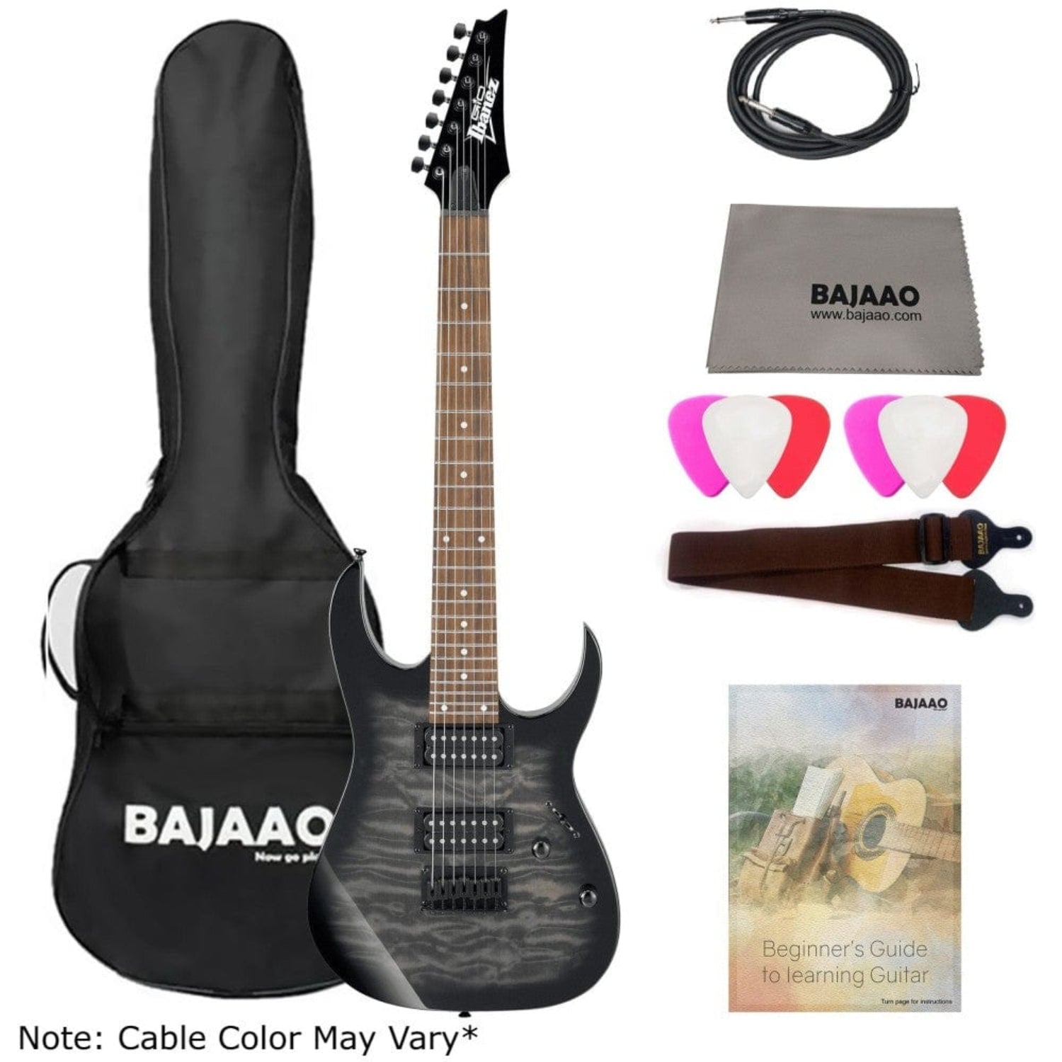 Ibanez Electric Guitars BUNDLE Ibanez GRG7221QA RG Series 7-String Electric Guitar - Transparent Black Sunburst