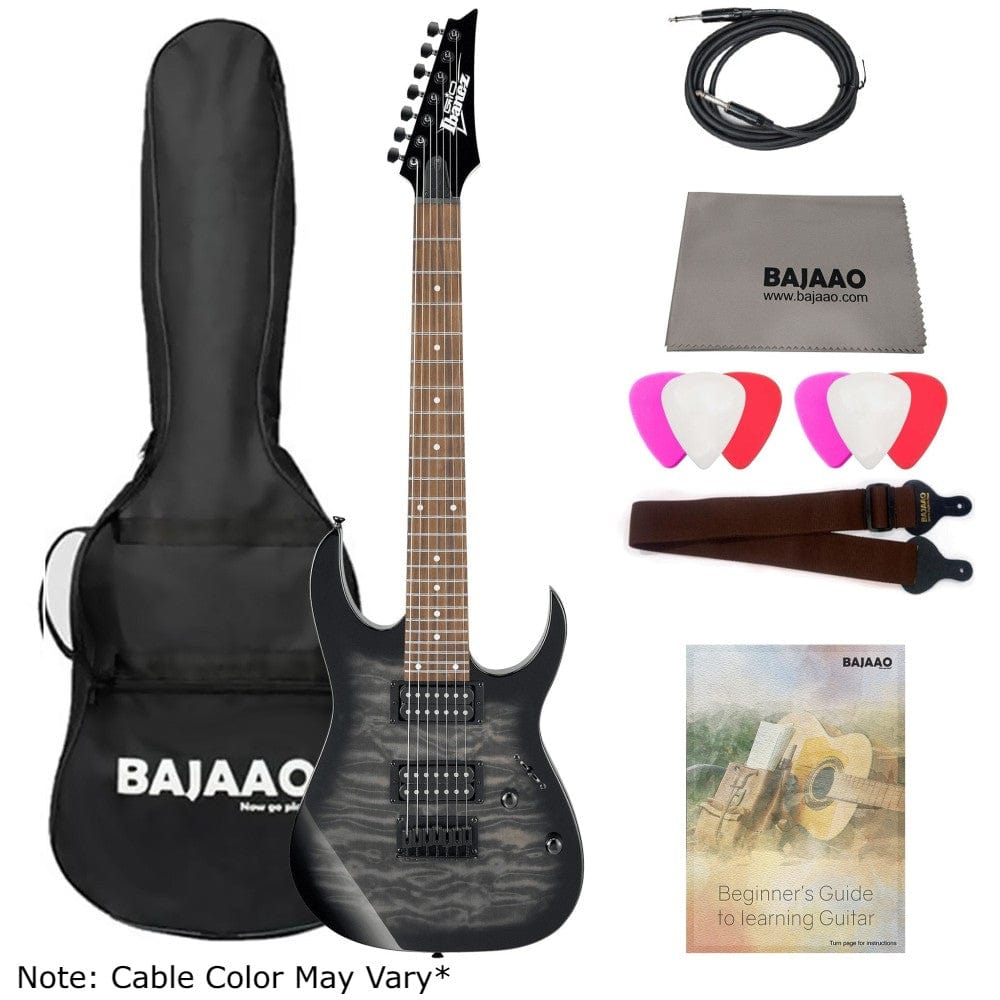 ibanez electric guitars bundles ibanez grg7221qa rg series 7-string electric guitar with gigbag, polishing cloth, strap, picks, cable & ebook- transparent black sunburst