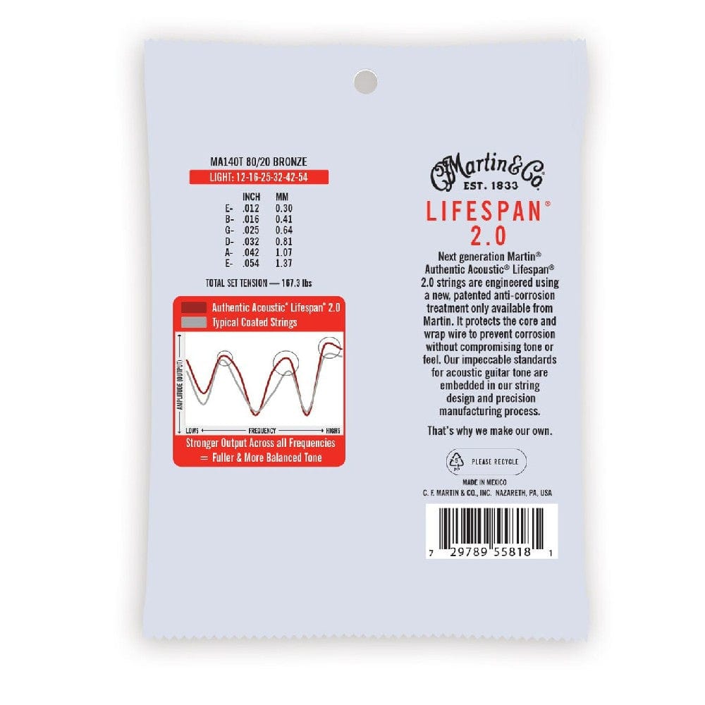 martin acoustic guitar strings martin ma140t 2.0 80/20 bronze authentic lifespan acoustic guitar string - light 12-54