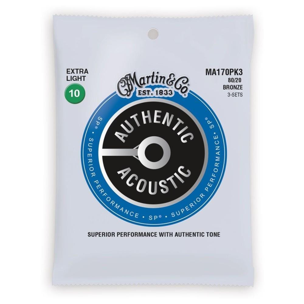 Martin Acoustic Guitar Strings Martin MA170PK3 80/20 Bronze Authentic 3-Pack Acoustic Guitar Strings, Extra Light - 10-47