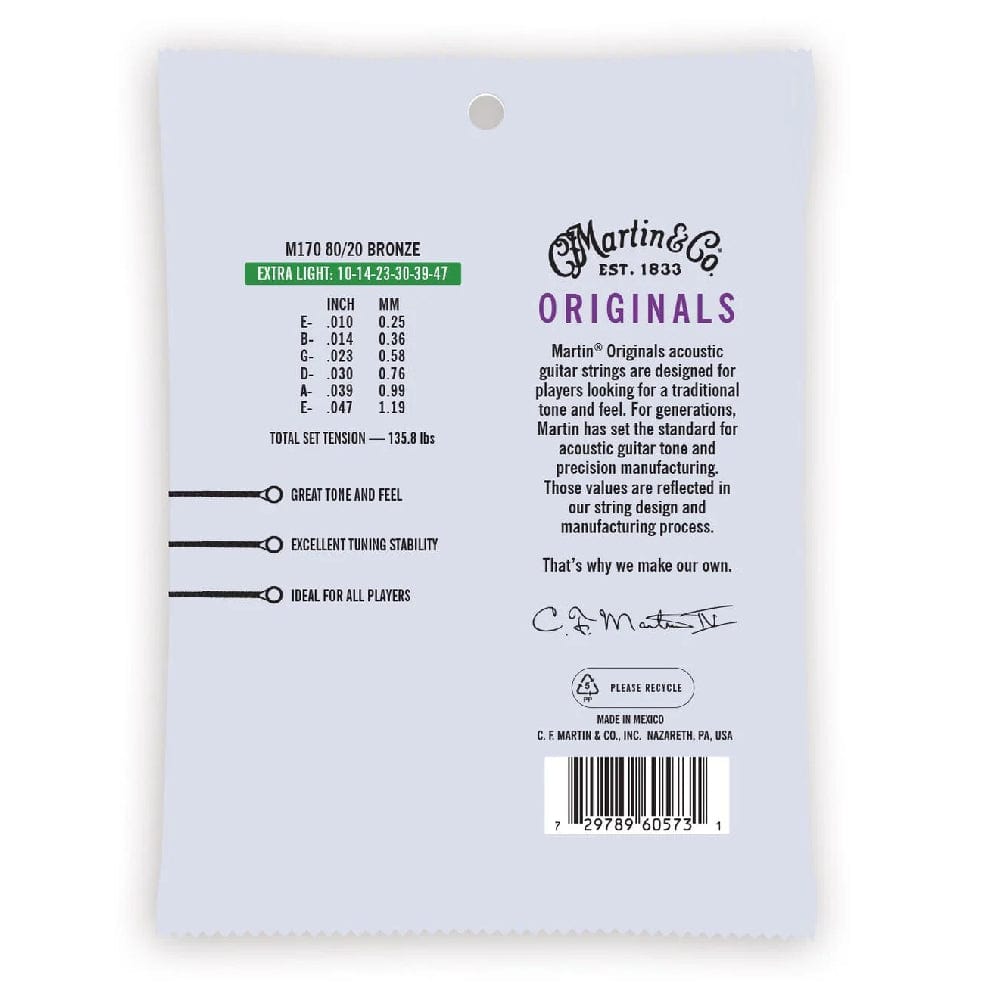 martin guitars acoustic guitar strings martin m170 80/20 bronze extra light acoustic guitar string - 10-47
