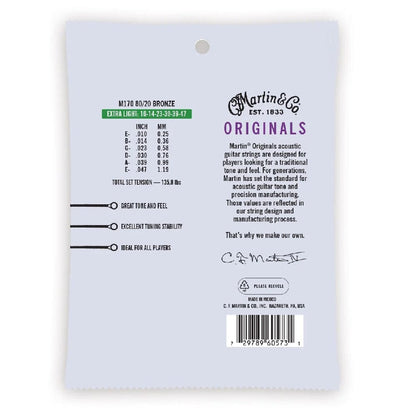 martin guitars acoustic guitar strings martin m170 80/20 bronze extra light acoustic guitar string - 10-47