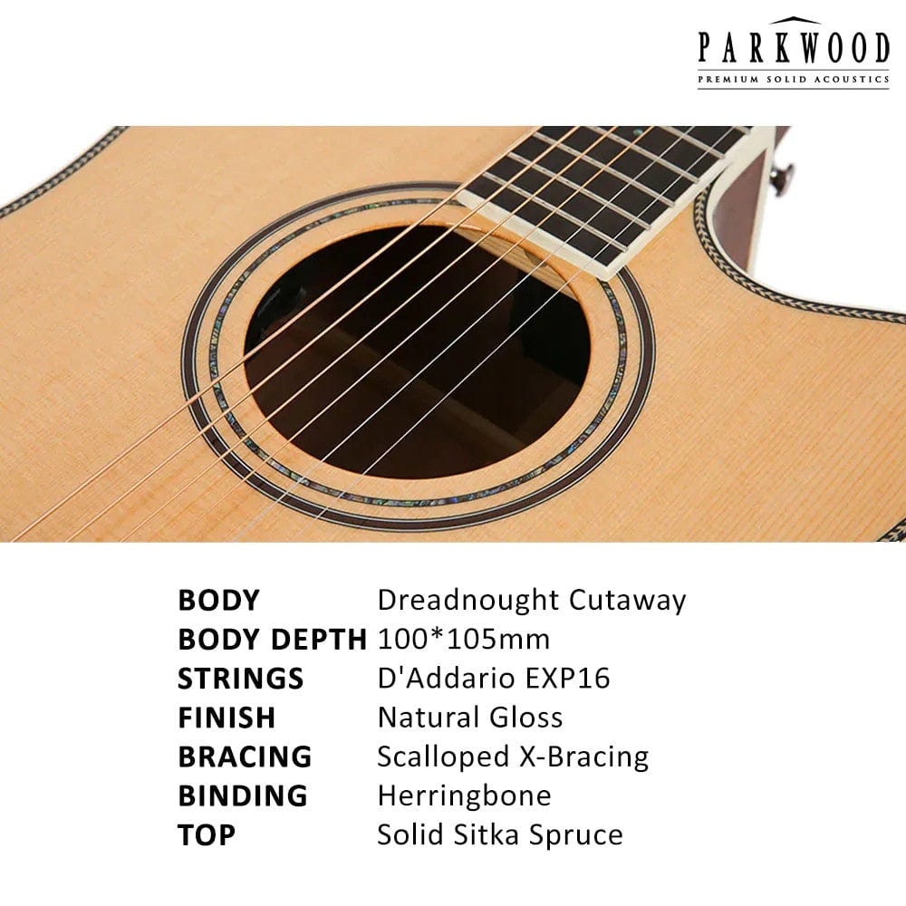 parkwood acoustic guitars parkwood p660 dreadnought cutaway acoustic guitar with case
