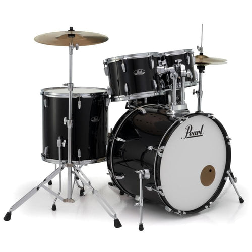 pearl acoustic drum kits jet black pearl roadshow 5pc drumset with stands and cymbals   #color_jet-black