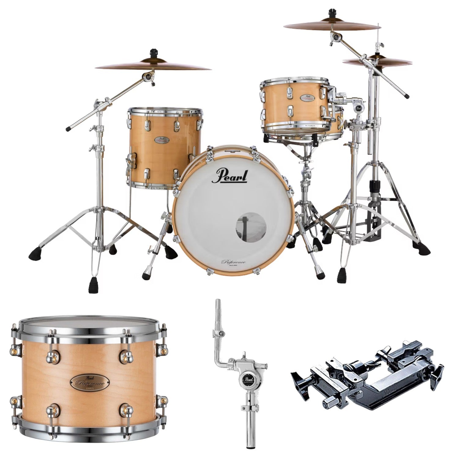 Pearl Acoustic Drum Kits Natural Maple Pearl Reference1 RF1P924XESP-L/C 4 Piece Shell Pack Acoustic Drum Kit with Snare Drum, Adapter Long and Tom Holder Arm