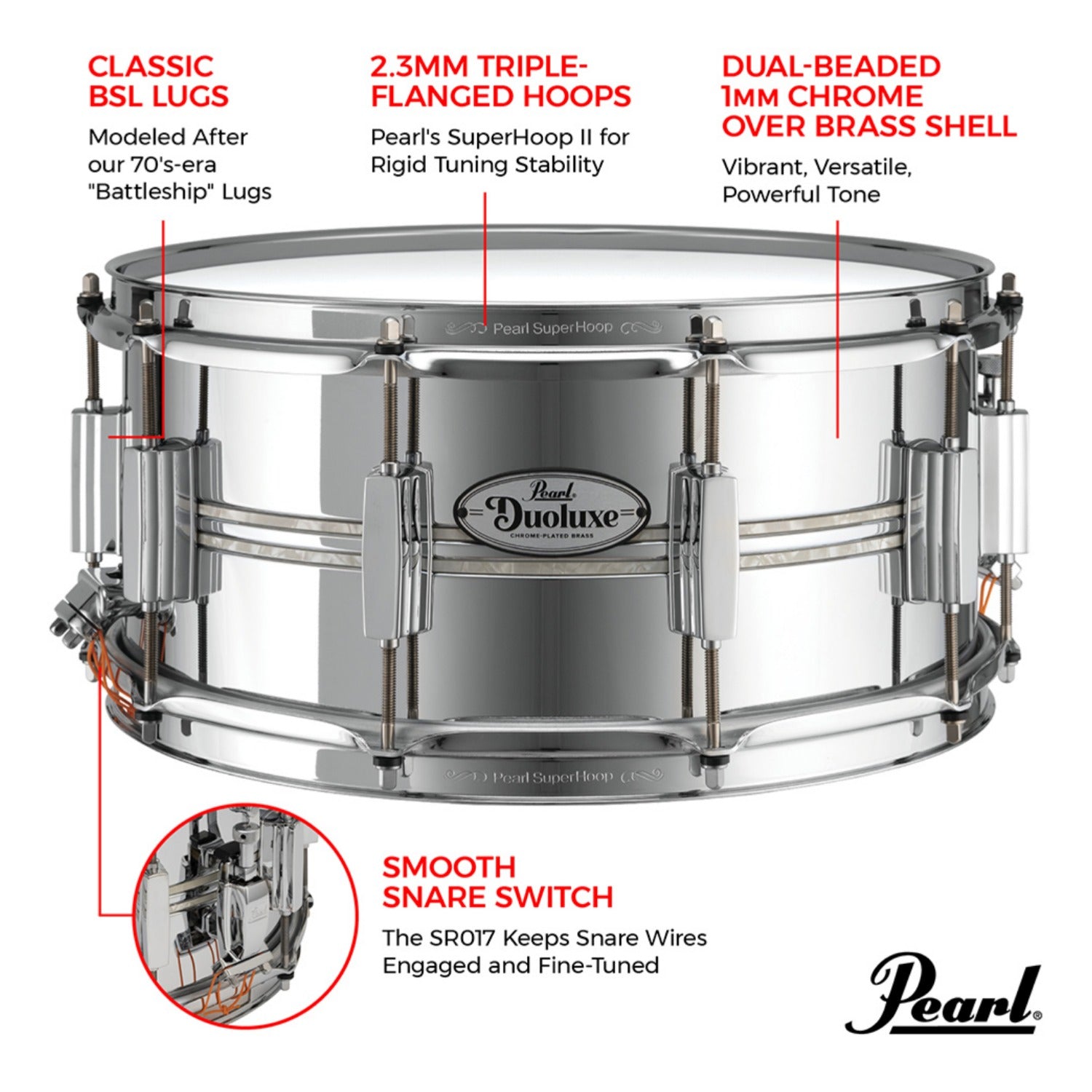 Pearl Snare Drums Nicotine Marine Inlay Pearl DUX1465BR 14" x 6.5" Duolux Snare Drum