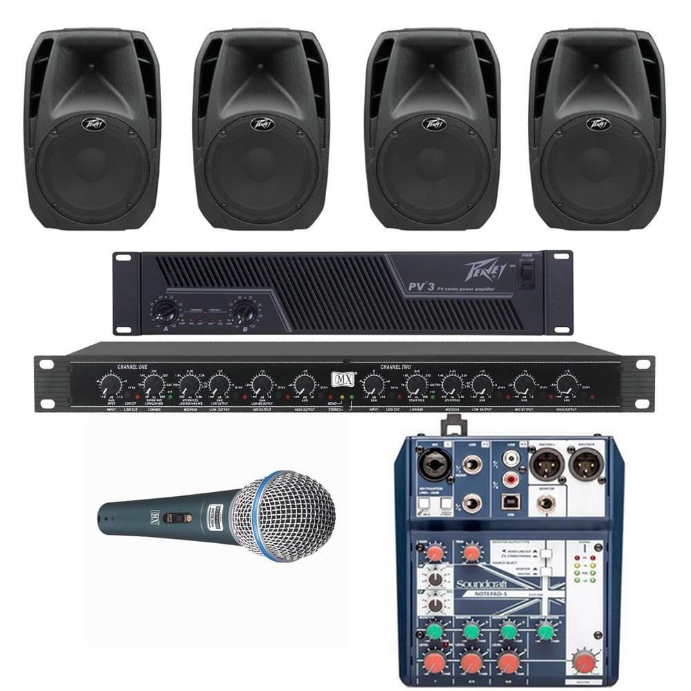 Peavey Restaurant Sound Systems Restaurant Sound System with 4xPeavey PBK-12 Wall Mount Loudspeakers, Amplifier, Mic,MXL Crossover & Soundcraft Mixer