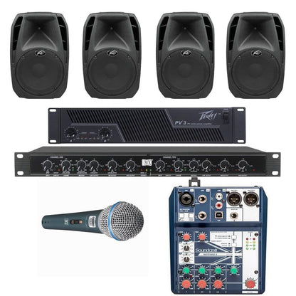 Peavey Restaurant Sound Systems Restaurant Sound System with 4xPeavey PBK-12 Wall Mount Loudspeakers, Amplifier, Mic,MXL Crossover & Soundcraft Mixer