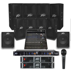 Peavey Temple Sound System Temple Sound System with 8xPeavey PV 112 Wall Mount Loudspeakers, 2xSubwoofer, 5xAmplifier, Crossover, Mic & PV15BT Mixer