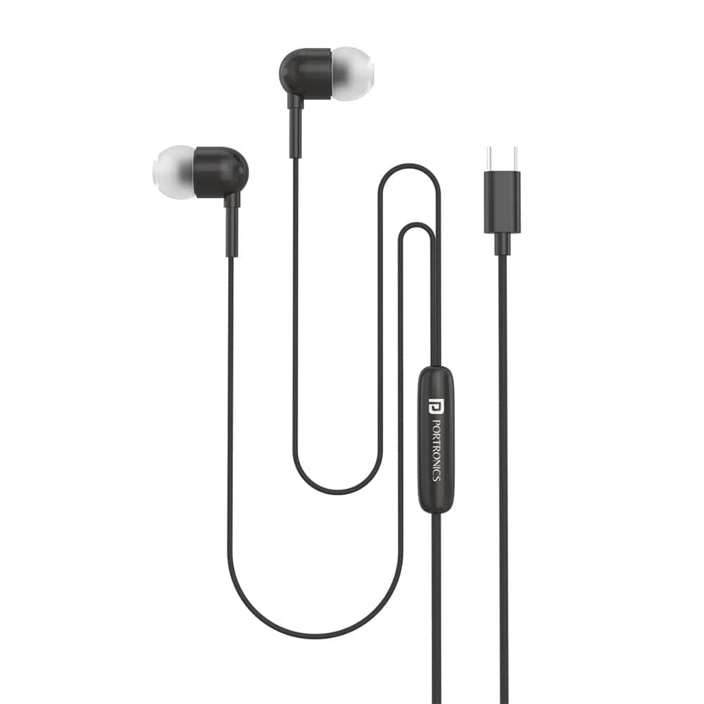 portronics earphones black portronics conch 60 type c in ear wired earphone    