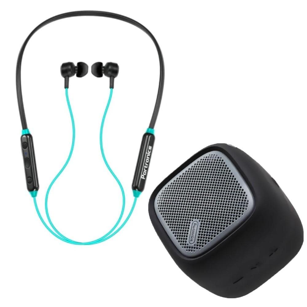 Portronics In-Ear Neckband Headphones Green-Black Combo Pack of Portronics Harmonics One Wireless Bluetooth Headset With Portronics Bounce Bluetooth Speaker