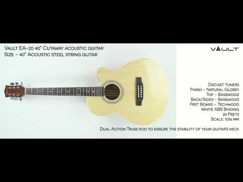 Vault EA20 Guitar Kit with Learn to Play Ebook, Bag, Strings, Straps, Picks, String winder & Polishing Cloth - 40 inch Cutaway Acoustic Guitar