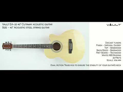Vault EA20 Guitar Kit with Learn to Play Ebook, Bag, Strings, Straps, Picks, String winder & Polishing Cloth - 40 inch Cutaway Acoustic Guitar