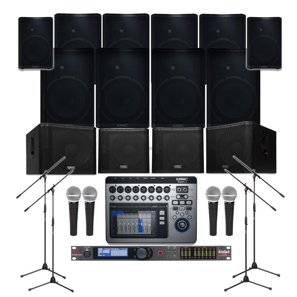 QSC Auditorium Sound System Auditorium Sound System with 10xQSC CP12 Wall Mount Loudspeakers, 4xSubwoofer, Processor, Mixer, Mics & Monitors
