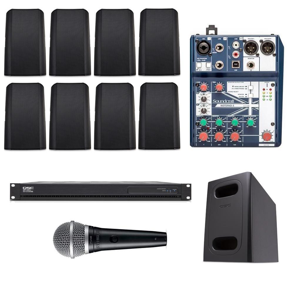 qsc restaurant sound systems restaurant sound system with 8xqsc ad-s8t wall mount loudspeakers, 2xsubwoofer, power amplifier, mic & soundcraft mixer