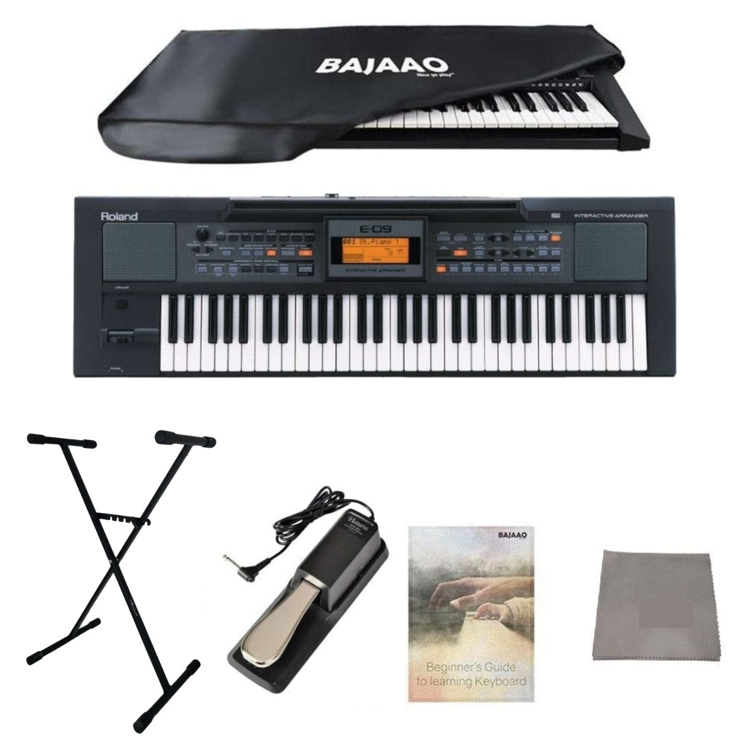 Roland Keyboard Bundles Roland E09IN Indian Edition Arranger Keyboard With Dust Cover, Stand, Pedal & Polishing Cloth