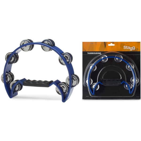 stagg hand percussions blue stagg tab-2 cutaway plastic half moon tambourine with 16 jingles    