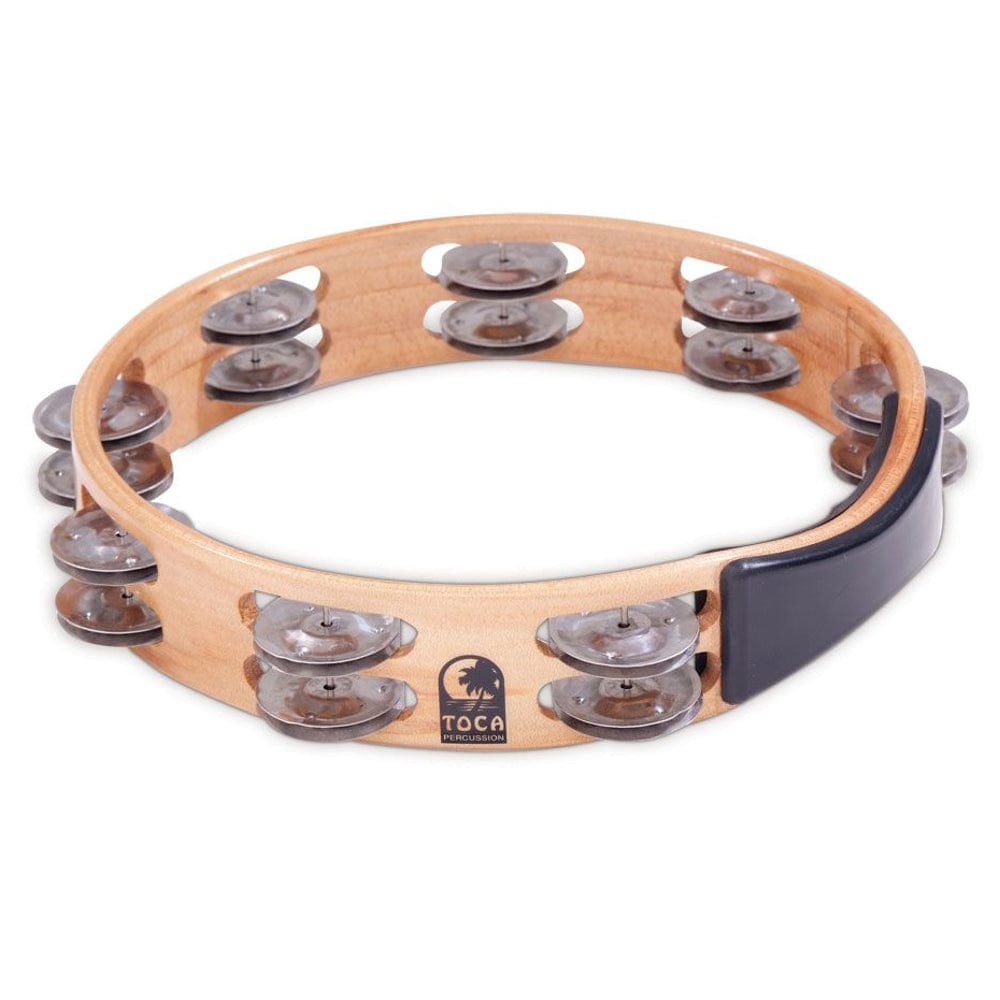 toca tambourines 10 inch toca percussion acacia wood t1010-a 10 inch nickel jingles tambourine 