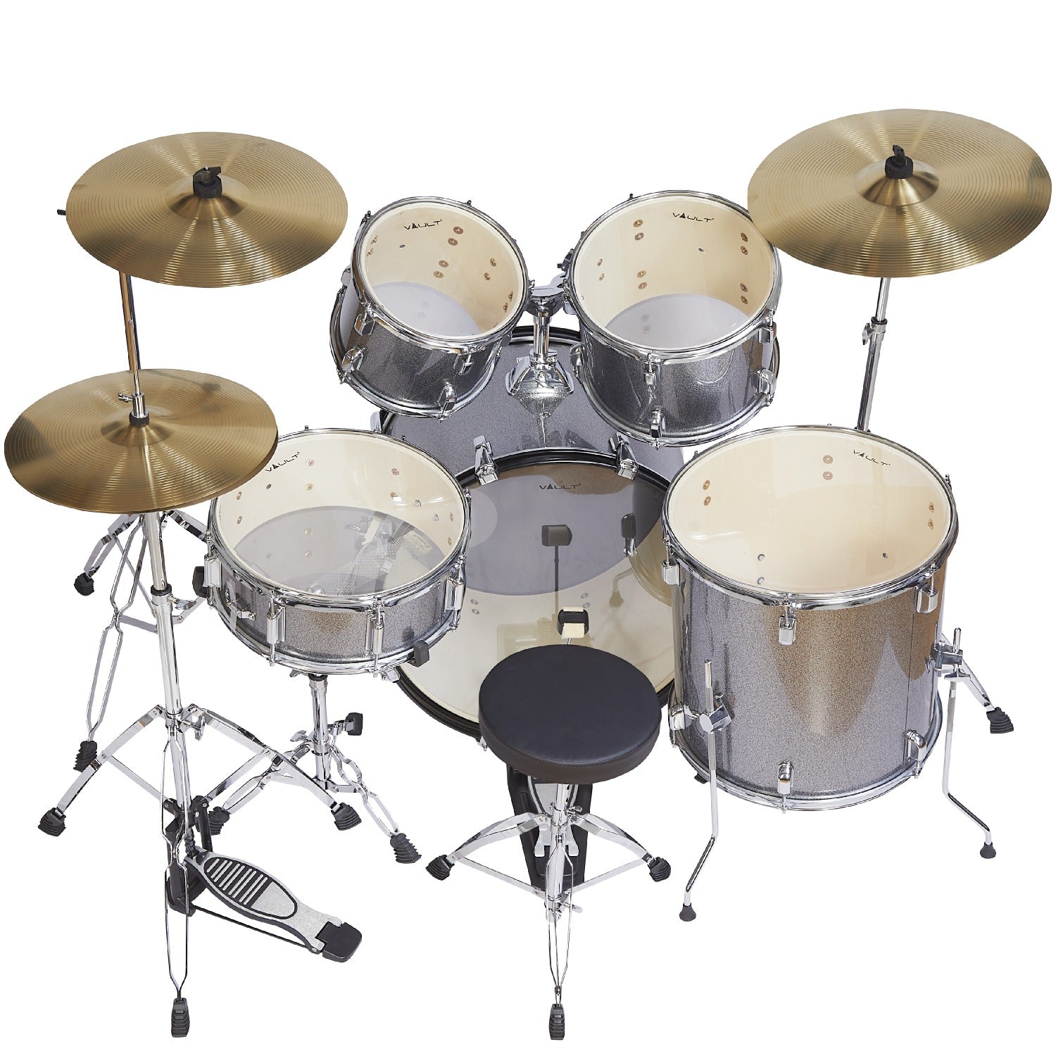 Vault Acoustic Drum Kits Vault Groover 22" 5-Piece Acoustic Drum Kit with Hardware, Cymbals & Throne #color_grey-sparkle