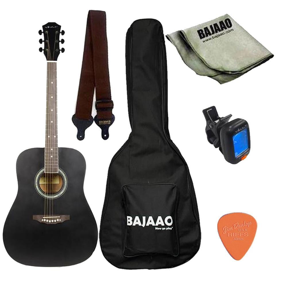 vault acoustic guitar bundles black vault ed-10d 41 inch dreadnought acoustic guitar with gig bag, picks, strap, tuner and polishing cloth      #color_black