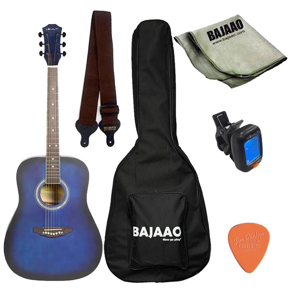 vault acoustic guitar bundles blue vault ed-10d 41 inch dreadnought acoustic guitar with gig bag, picks, strap, tuner and polishing cloth      #color_blue