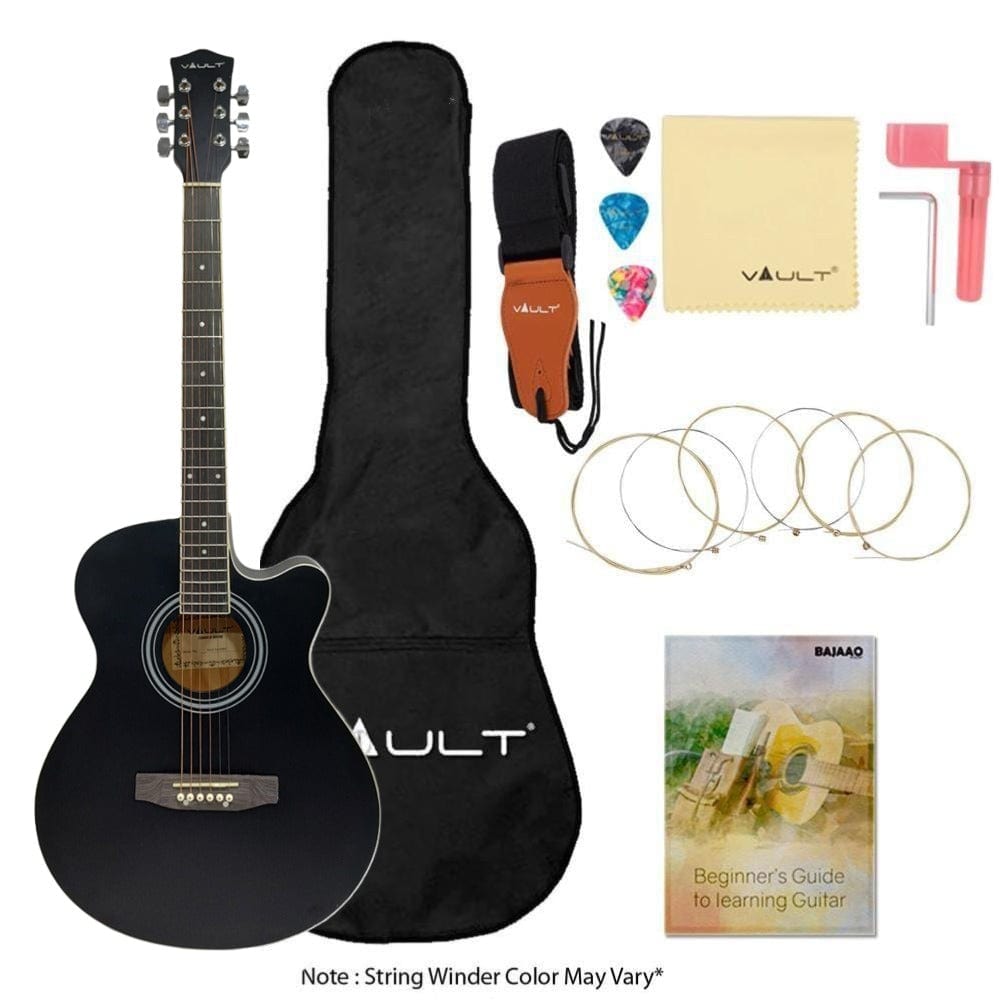 Vault Acoustic Guitars Acoustic / Matte Black Vault EA20 Guitar Kit with Learn to Play Ebook, Bag, Strings, Straps, Picks, String winder & Polishing Cloth - 40 inch Cutaway Acoustic Guitar