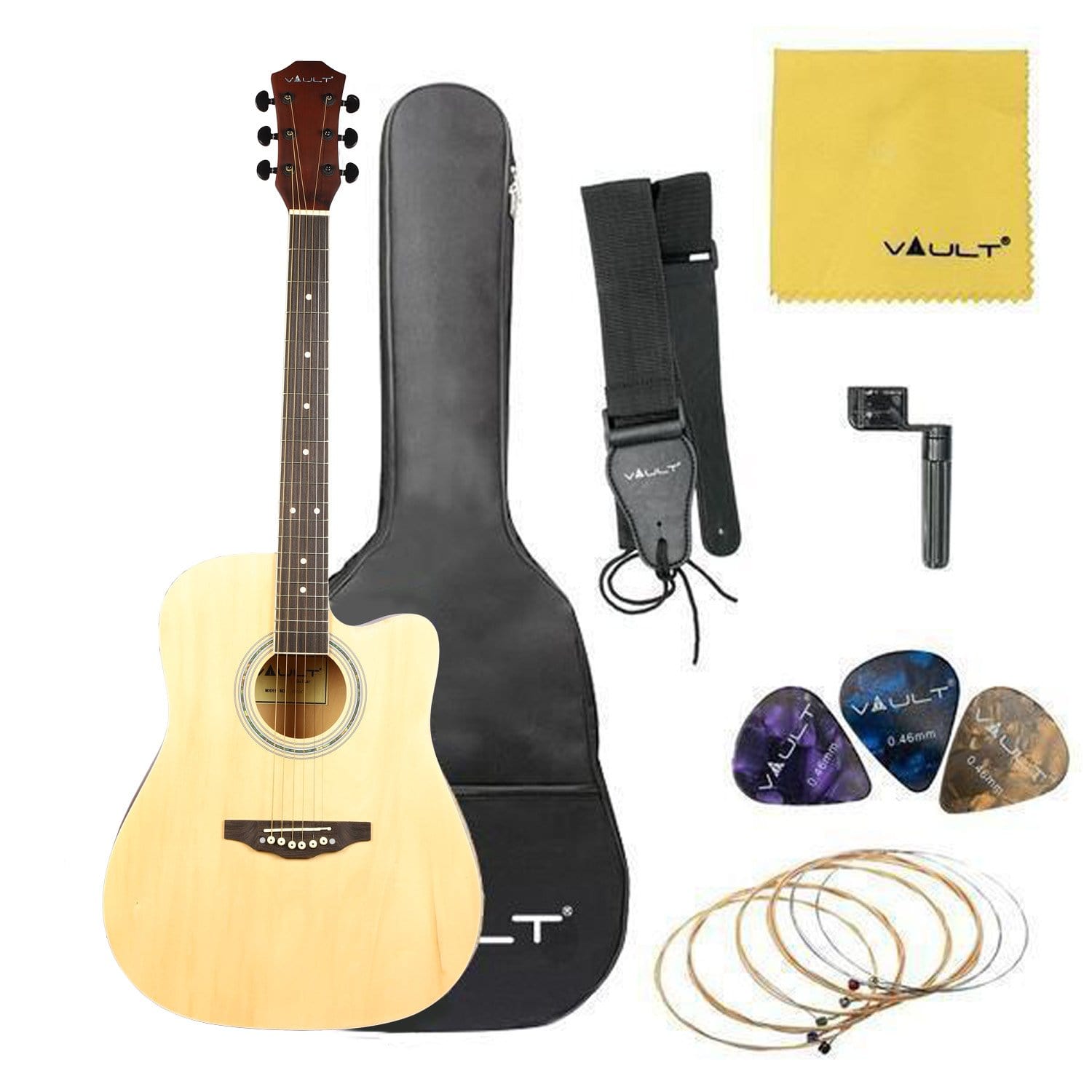 Vault Acoustic Guitars Natural Vault ED-10C 41 inch Cutaway Acoustic Guitar with Bag, Strings, Straps, Picks, Stringwinder & Polishing Cloth 