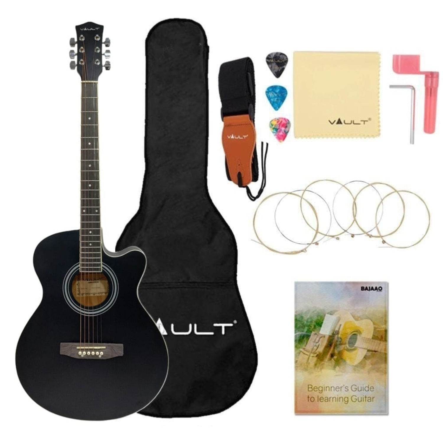 Vault Acoustic Guitars Vault EA20 Guitar Kit with Learn to Play Ebook, Bag, Strings, Straps, Picks, String winder & Polishing Cloth - 40 inch Cutaway Acoustic Guitar