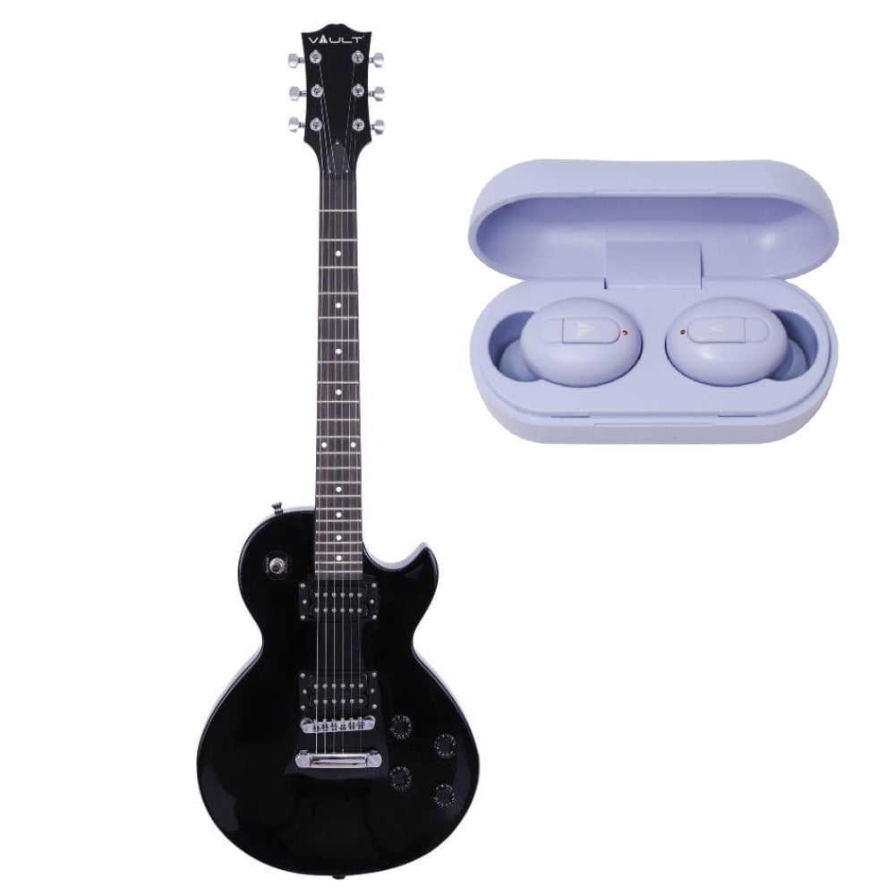 Vault Electric Guitars Black Vault LP1 Les Paul Style Electric Guitar with Vault Play True Wireless Earbuds #color_black