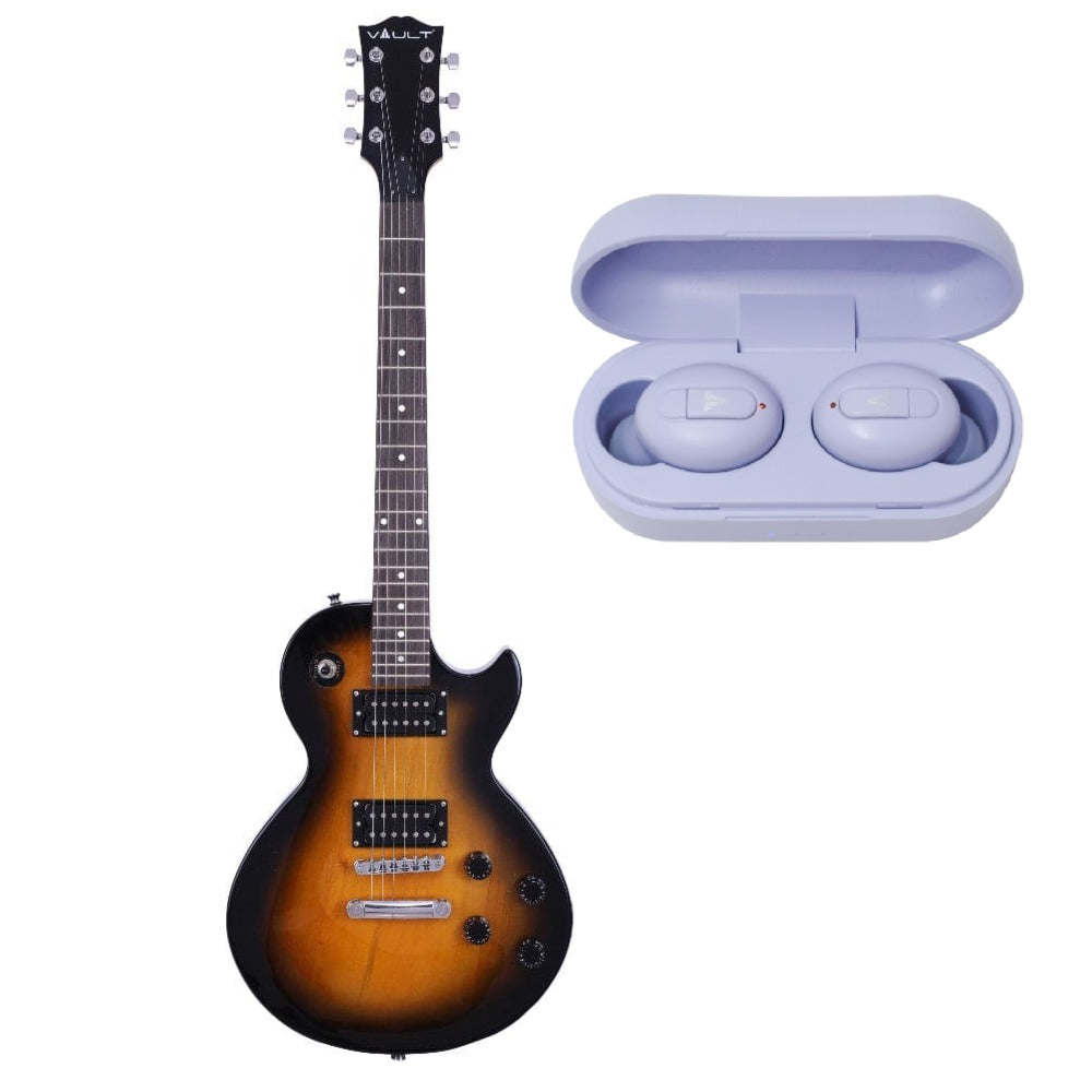 Vault Electric Guitars Tobacco Sunburst Vault LP1 Les Paul Style Electric Guitar with Vault Play True Wireless Earbuds 