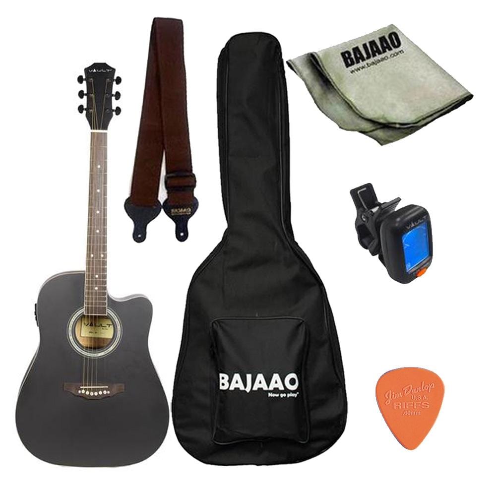 vault electro acoustic guitar bundles black vault ed-10ce 41 inch cutaway electro acoustic guitar with gig bag, picks, strap, tuner and polishing cloth      #color_black