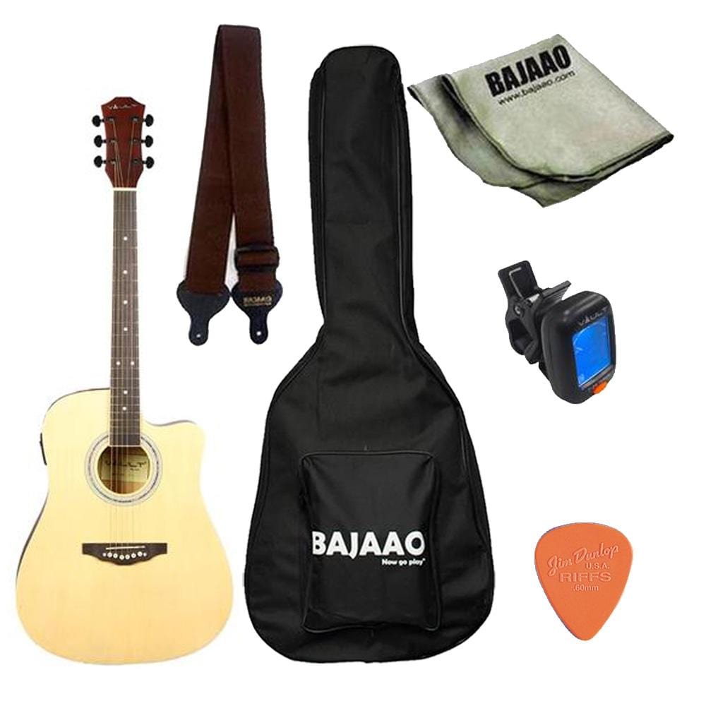 vault electro acoustic guitar bundles natural vault ed-10ce 41 inch cutaway electro acoustic guitar with gig bag, picks, strap, tuner and polishing cloth      