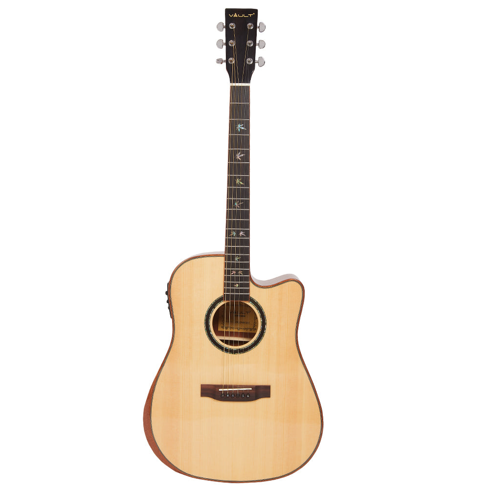 Vault Electro Acoustic Guitars Natural Vault DA60CE Premium Dreadnought Cutaway Solid Spruce Top Electro Acoustic Guitar with Dual EQ and Armrest
