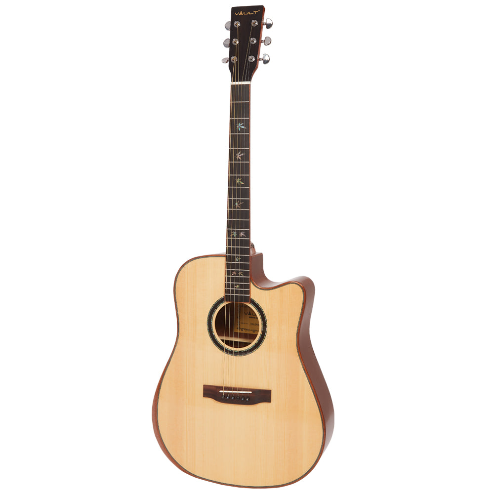 Vault Electro Acoustic Guitars Natural Vault DA60CE Premium Dreadnought Cutaway Solid Spruce Top Electro Acoustic Guitar with Dual EQ and Armrest