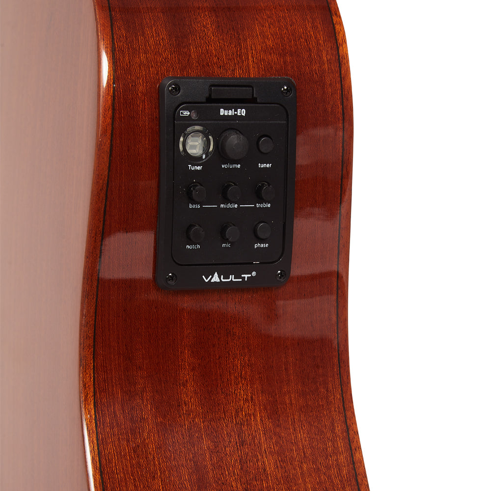 Vault Electro Acoustic Guitars Natural Vault DA60CE Premium Dreadnought Cutaway Solid Spruce Top Electro Acoustic Guitar with Dual EQ and Armrest