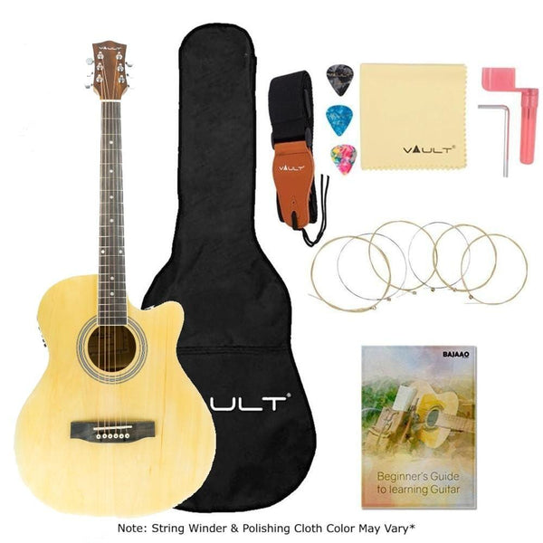 vault electro acoustic guitars pack vault ea20ce 40 inch cutaway electro acoustic guitar with bag, strings, straps, picks, string winder, polishing cloth & ebook      #style_pack,color_natural