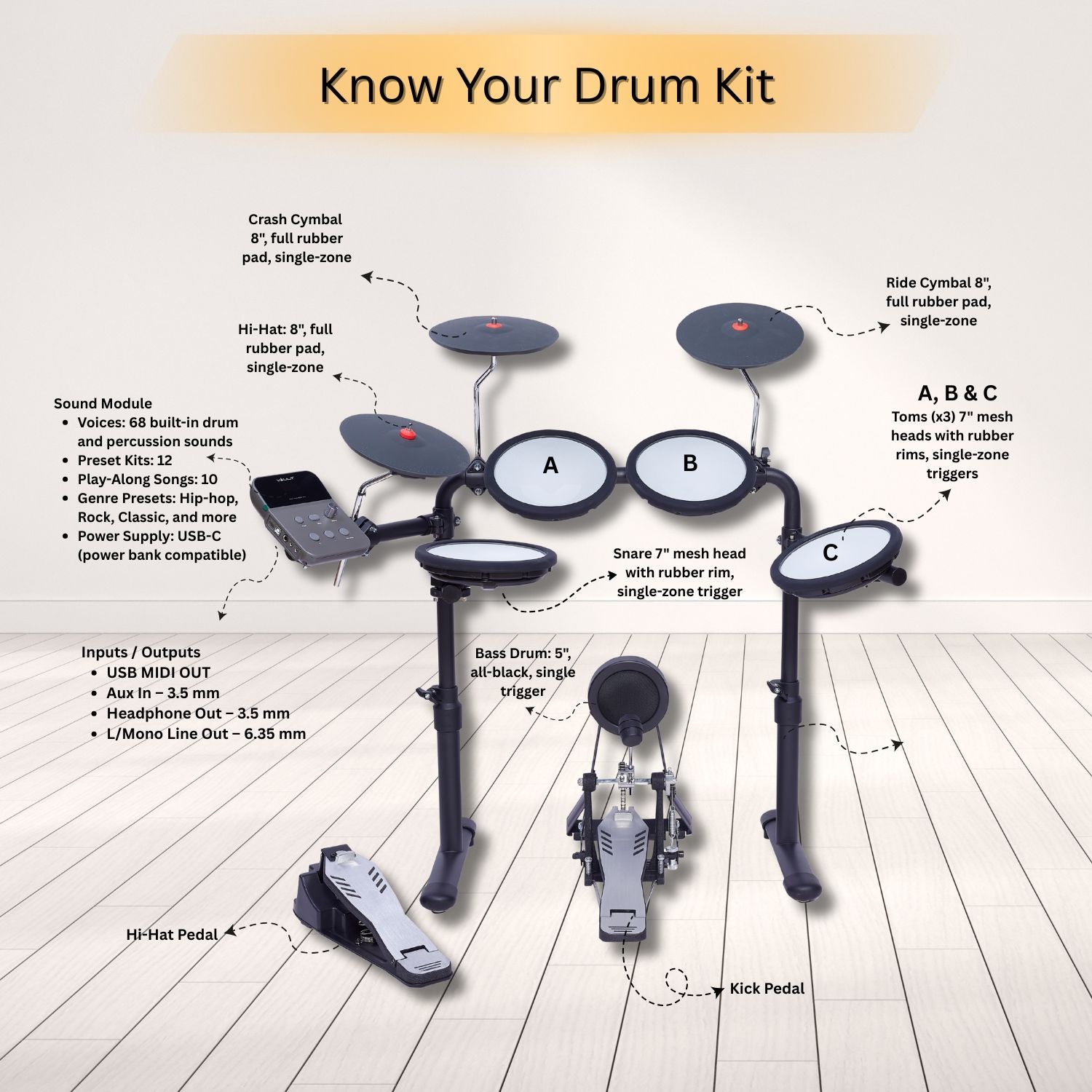 Vault Electronic Drum Kits Vault Impact Junior Electronic Drum Kit for Kids with All-Mesh Pads, USB-C Module and 60+ Built-In Sounds – Junior Sized for Kids Under 12