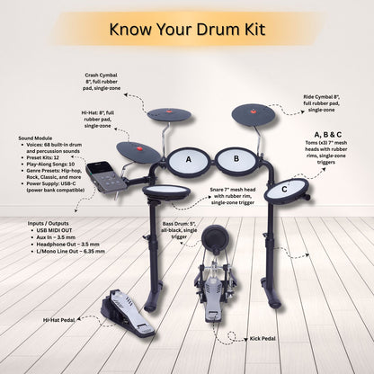 Vault Electronic Drum Kits Vault Impact Junior Electronic Drum Kit for Kids with All-Mesh Pads, USB-C Module and 60+ Built-In Sounds – Junior Sized for Kids Under 12