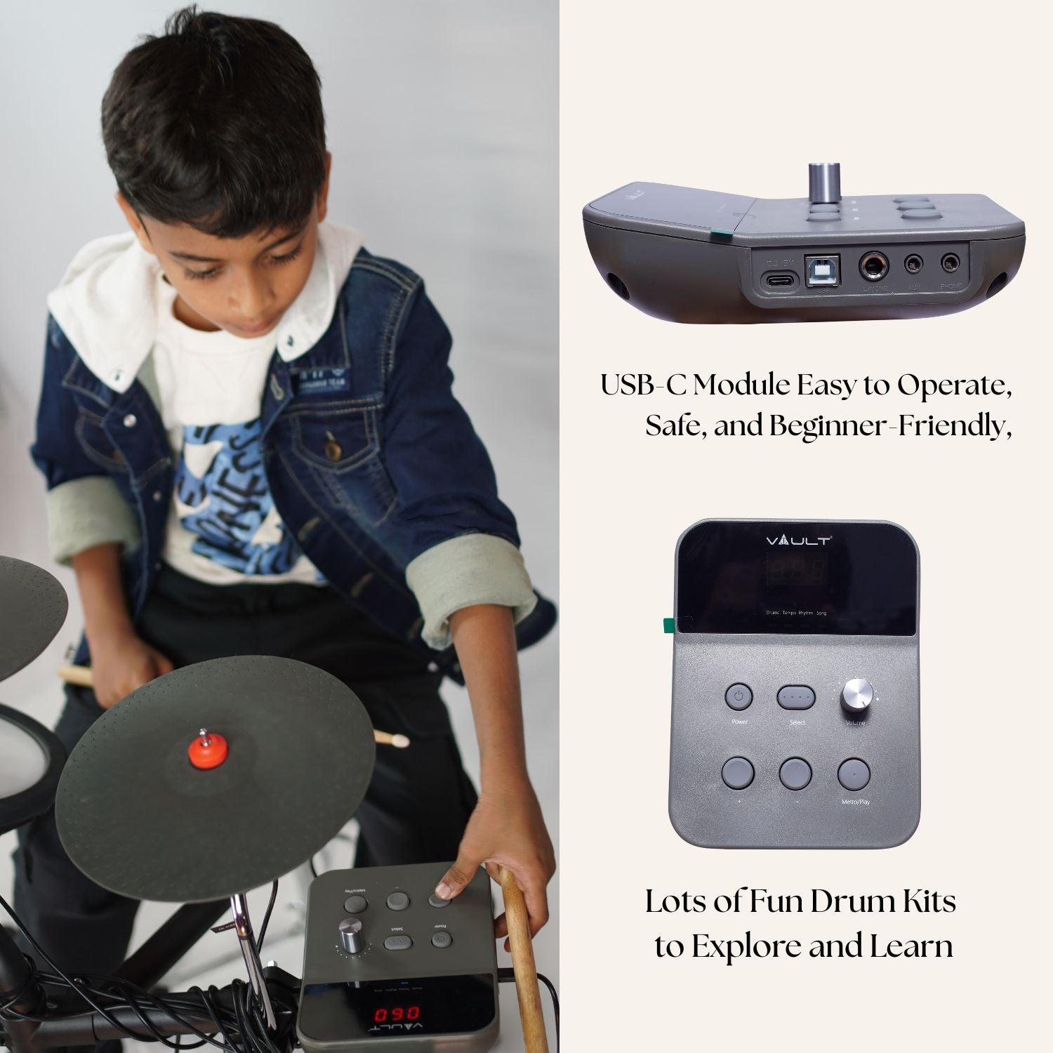 Vault Electronic Drum Kits Vault Impact Junior Electronic Drum Kit for Kids with All-Mesh Pads, USB-C Module and 60+ Built-In Sounds – Junior Sized for Kids Under 12