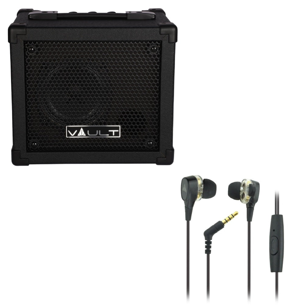 Vault Guitar Combo Amplifiers Vault Fury 15 Watt Digital Combo Guitar Amplifier with Effects and 36 pattern Drum Machine with Vault Buds Duo Dual Driver Earphones