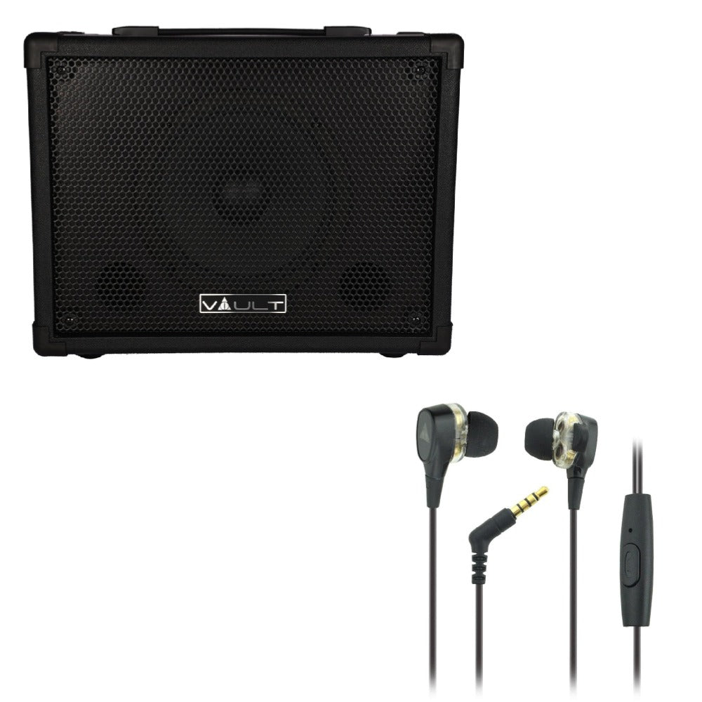 Vault Guitar Combo Amplifiers Vault Fury 30 Watt Digital Combo Guitar Amplifier With Effects and 36 Pattern Drum Machine with Vault Buds Duo Dual Driver Earphones