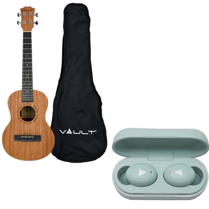 Vault Tenor Ukuleles Acoustic Vault UK-2000T 26-Inch Solid Mahogany Top Premium Tenor Ukulele With Gigbag with Vault Play True Wireless Earbuds 