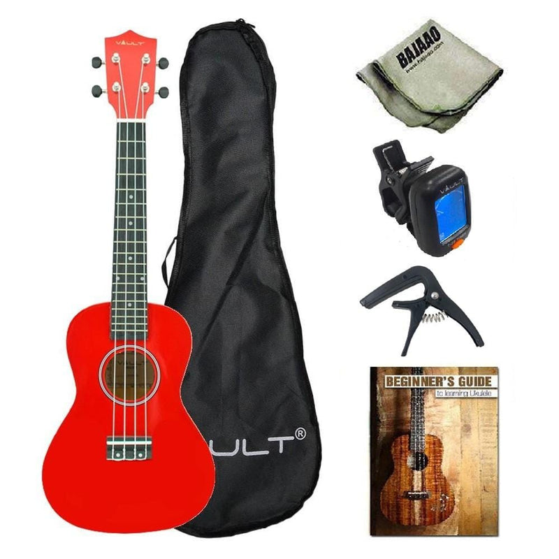 vault ukulele bundles red glossy vault uk-003 concert colourful 23-inch ukulele with gig bag, tuner, capo, polishing cloth & ebook      #color_red-glossy